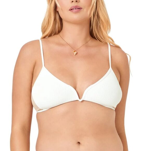 L*SPACE Macey Two Tone with Mesh Bikini Top in Cream and Tan Size M NWT - Picture 1 of 12